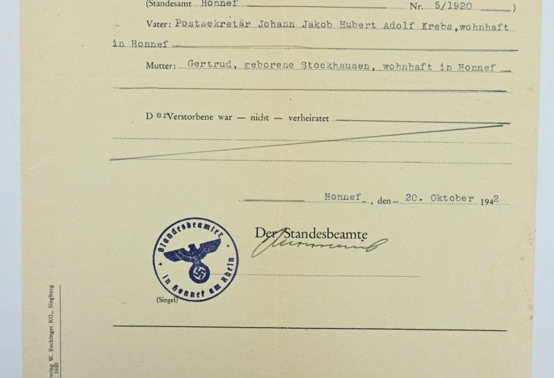 German Death Certificate 'SS Sturmann Krebs' — image 3