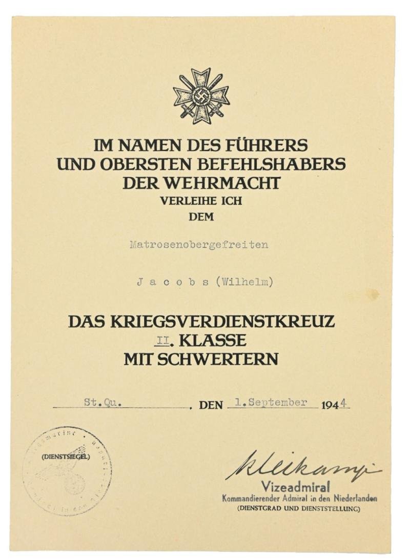 German KM Certificate War Merit Cross with Swords 'Gustav Kleikamp Signed