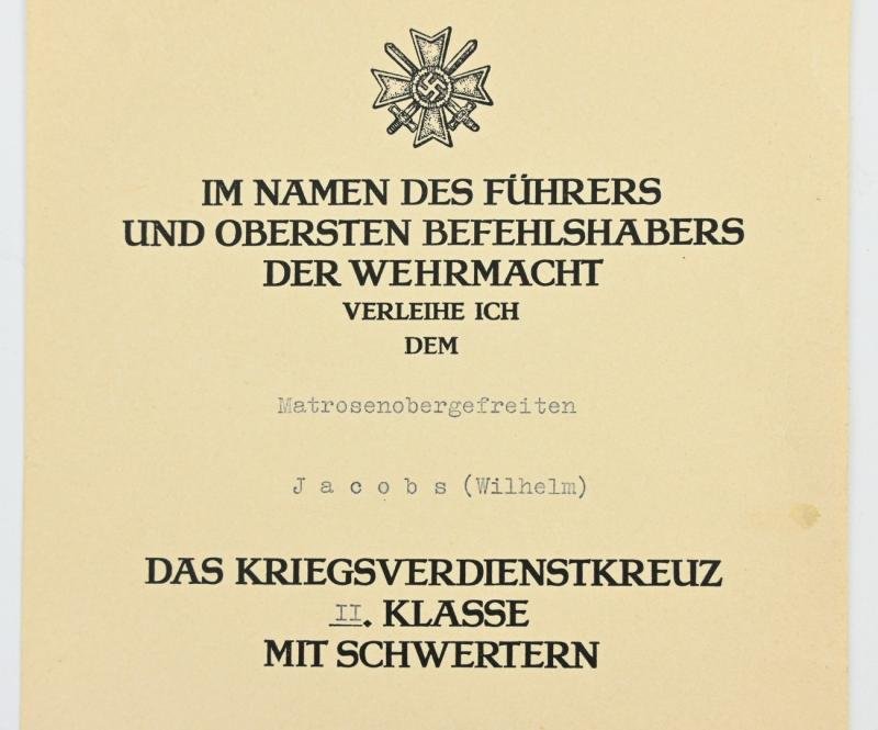 German KM Certificate War Merit Cross with Swords 'Gustav Kleikamp Signed — image 2