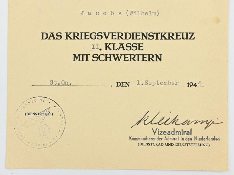 German KM Certificate War Merit Cross with Swords 'Gustav Kleikamp Signed — image 3