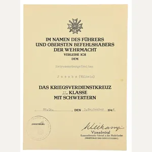 German KM Certificate War Merit Cross with Swords 'Gustav Kleikamp …