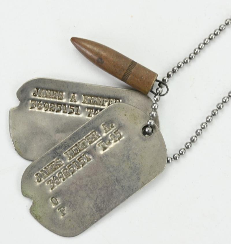 US WW2 Dog-Tag set with Chain and Bullit 'James A Kemper' — image 2