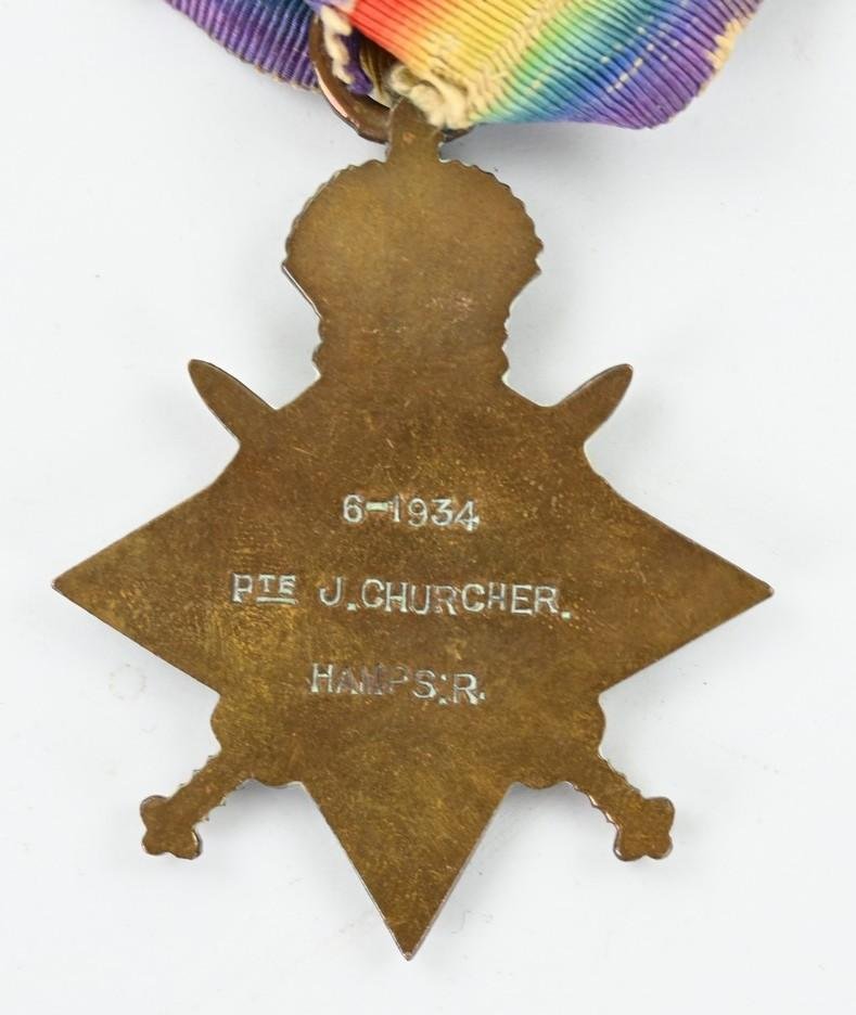 British WW1 Hampshire Regiment 1914-1914 Star PTE J. Churcher — image 4