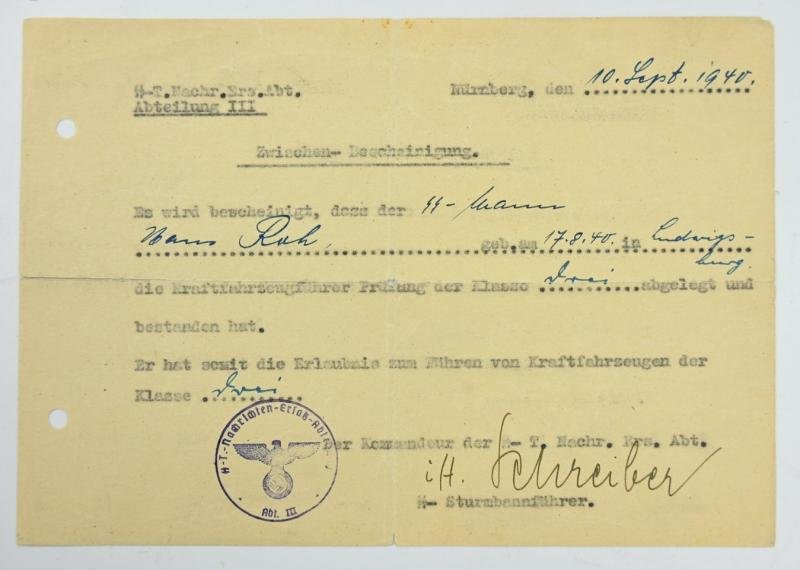 SS-Totenkopf Drivers License Certificate KFZ