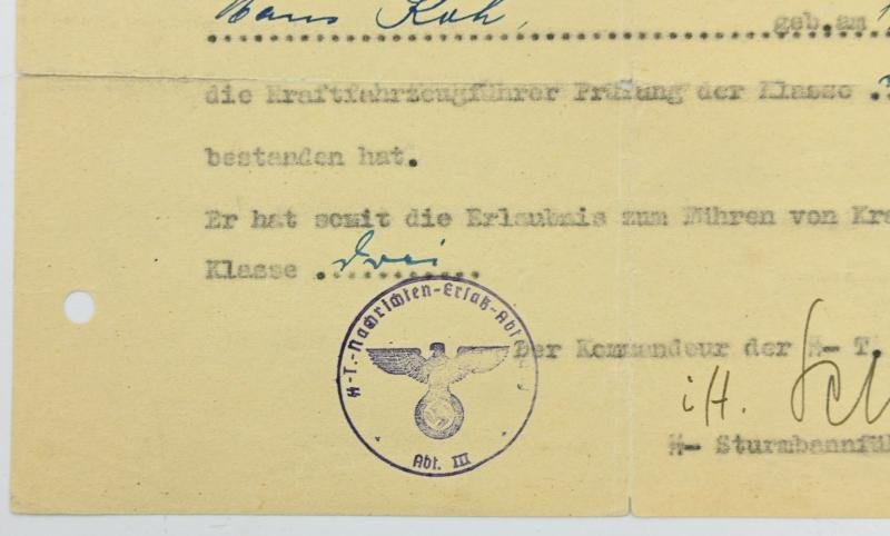 SS-Totenkopf Drivers License Certificate KFZ — image 2