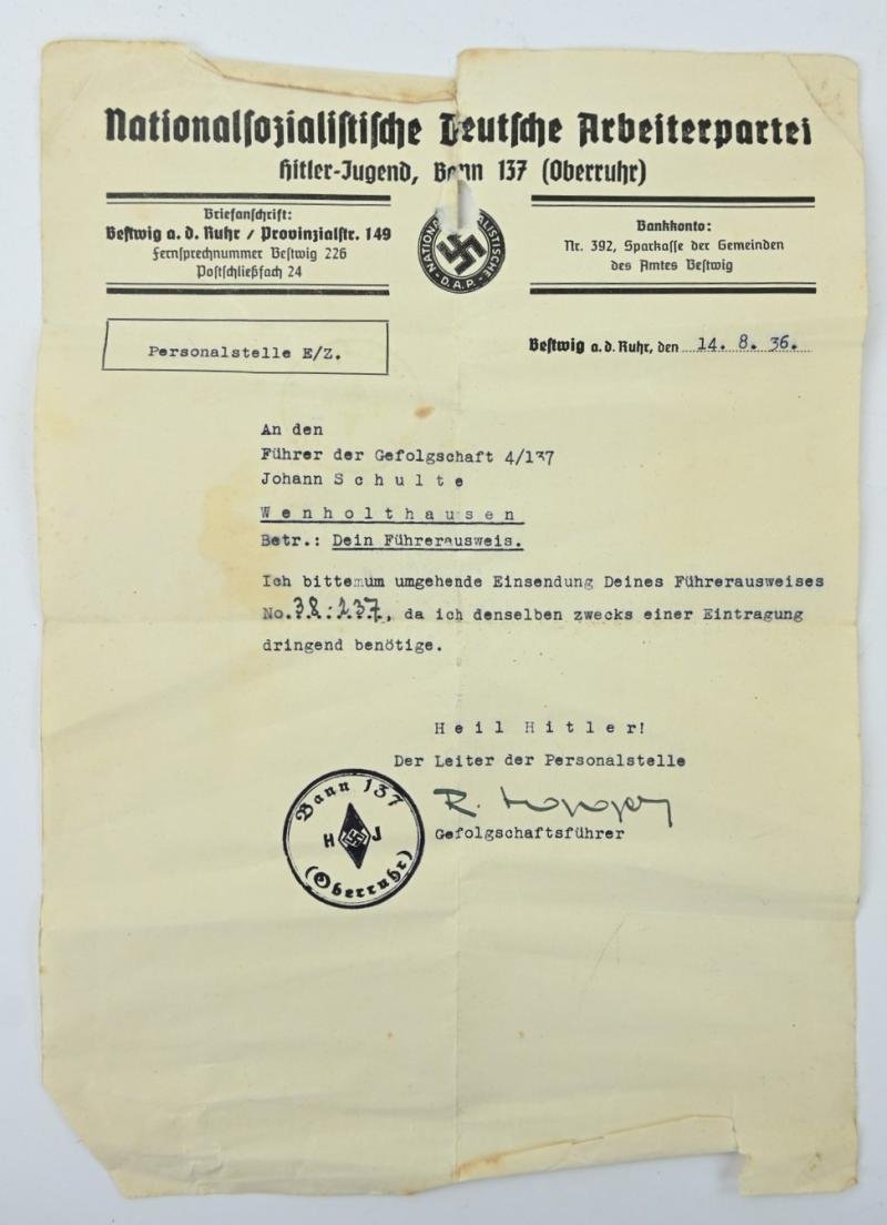 German NSDAP Letter Hitler Youth Memberpass — image 2