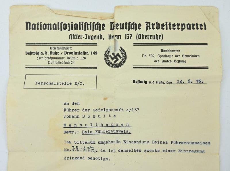 German NSDAP Letter Hitler Youth Memberpass — image 4