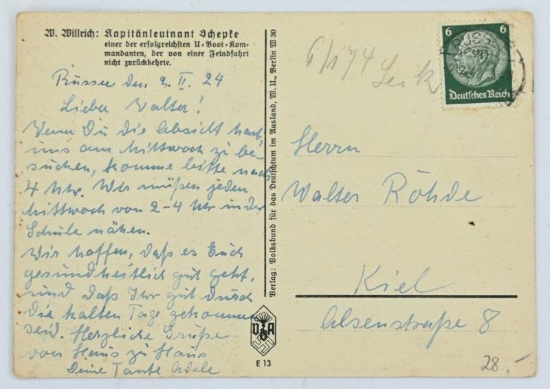 German KM Postcard 'Kapitanleutnant Schepke' — image 2