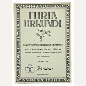 Dutch Honor Award Certificate of Oberschütze Wilhelm Homann