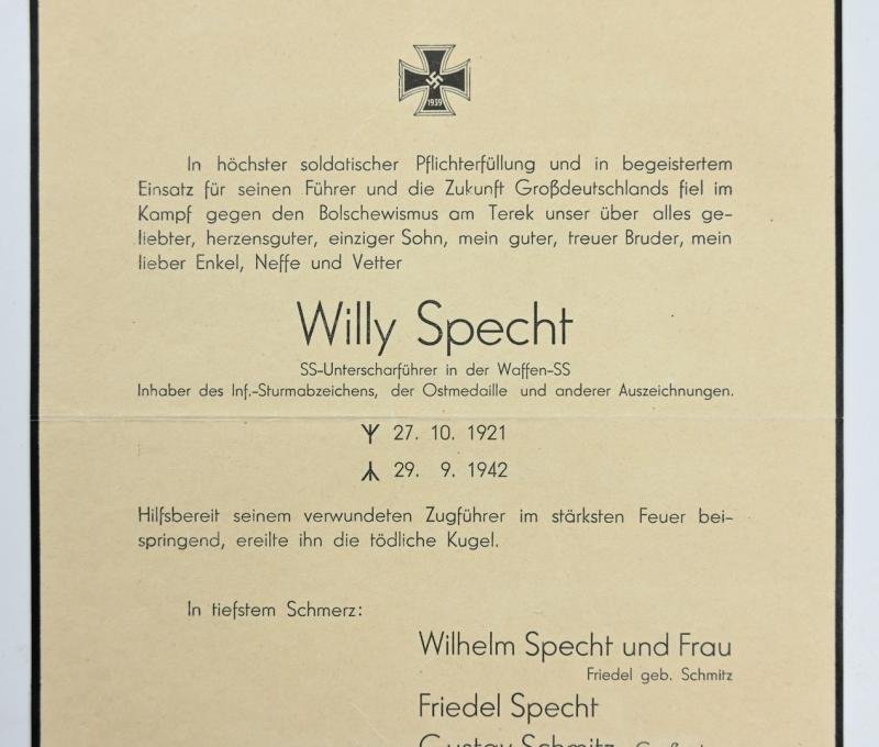 Waffen-SS Death Notice 'SS-Unterscharfuhrer Willy Specht' — image 2
