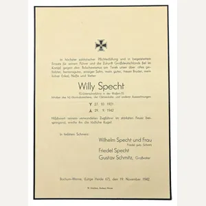 Waffen-SS Death Notice 'SS-Unterscharfuhrer Willy Specht'