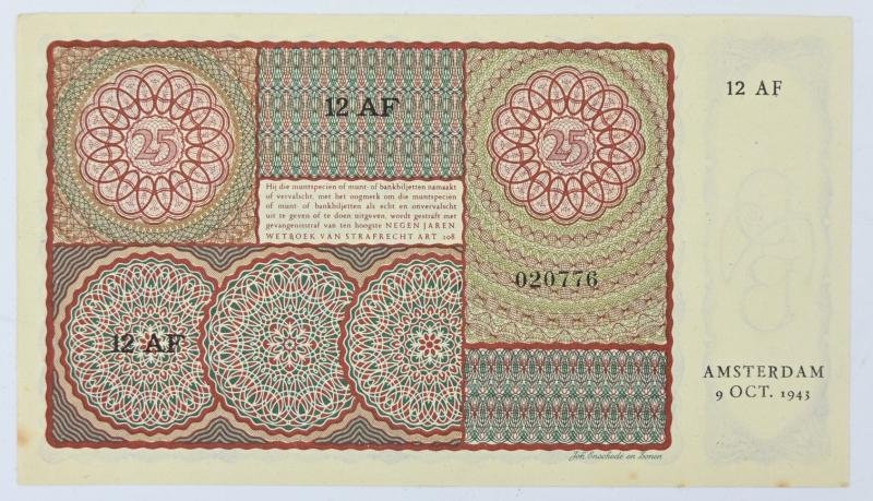 Dutch WW2 Period Banknote 25 Guldens — image 3