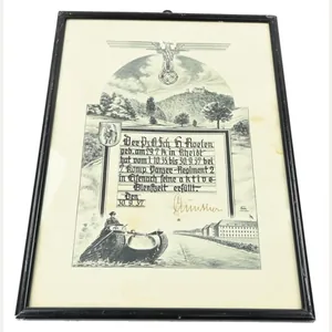 German WH Panzer Service Certificate in Frame