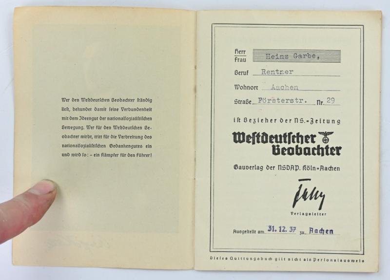 German Westdeutsche Beobachter Payment Booklet — image 3