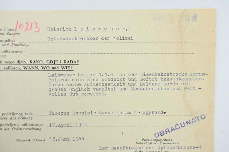 Croatian WW2 Iron Zvonimir Medal Certificate — image 2