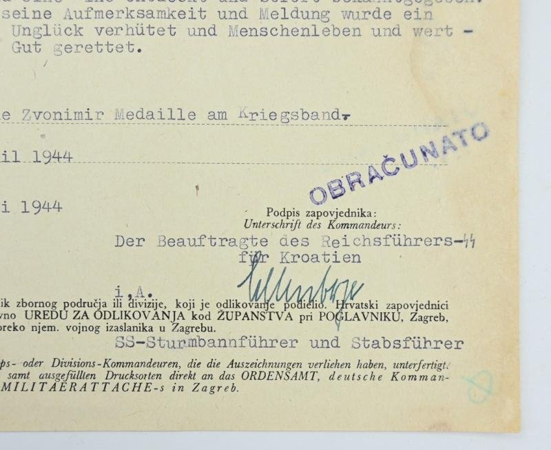 Croatian WW2 Iron Zvonimir Medal Certificate — image 3