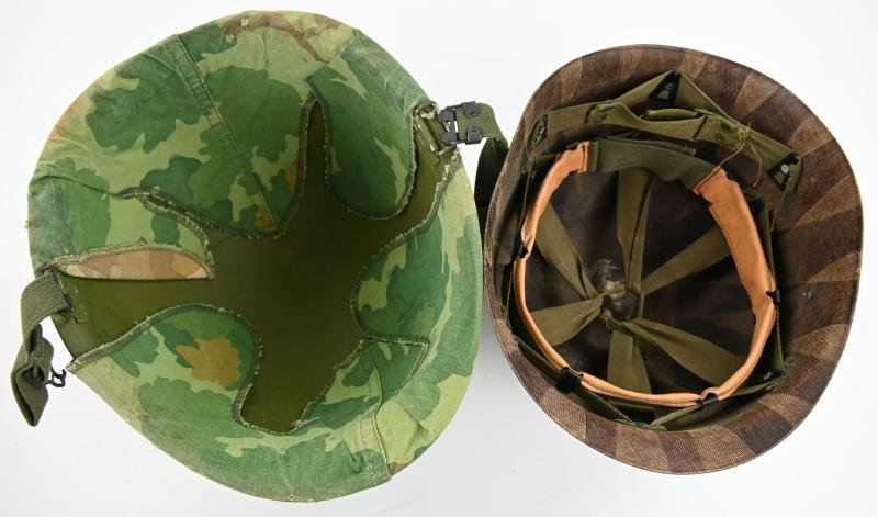US Vietnam War Infantry helmet with camouflage cover and attached content — image 12