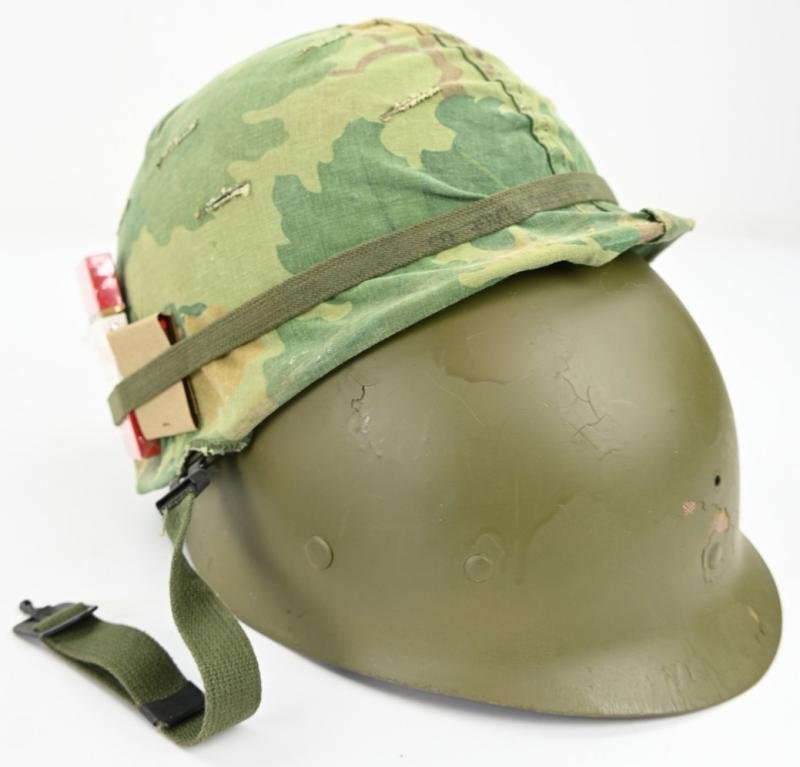 US Vietnam War Infantry helmet with camouflage cover and attached content — image 14