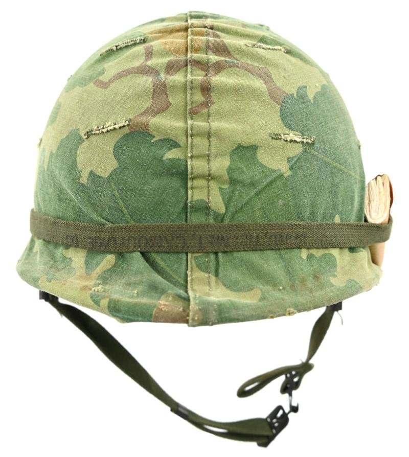 US Vietnam War Infantry helmet with camouflage cover and attached content — image 2