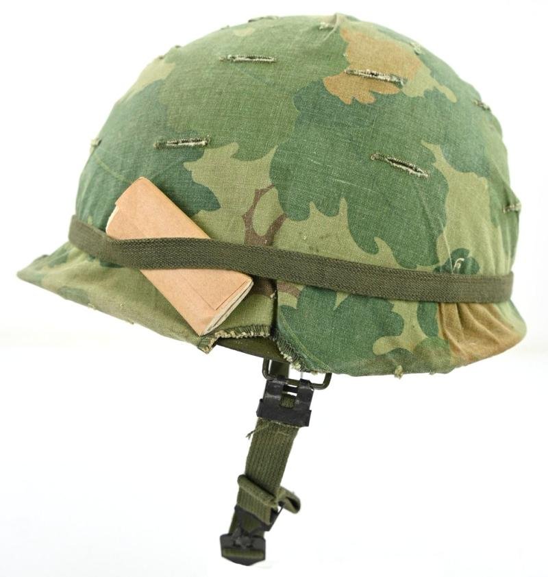 US Vietnam War Infantry helmet with camouflage cover and attached content — image 4