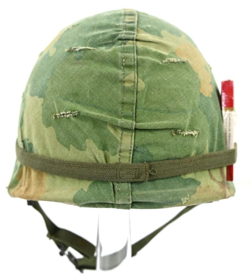 US Vietnam War Infantry helmet with camouflage cover and attached content — image 5