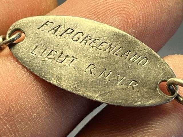 115) Small WW1 WW2 White Metal Wrist ID Tag to Lieut F.A.P.Greenland RNVR — image 3