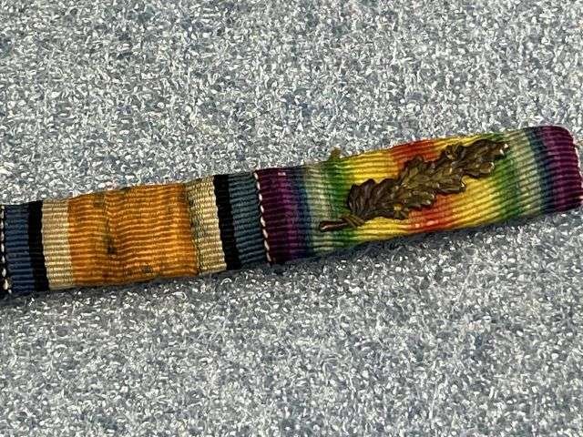 63) Good Dirty Period Made WW1 Full Size Medal Ribbon Sew On Group MM, 1914 Star, War Medal, Victory Medal With MID Leaf — image 2