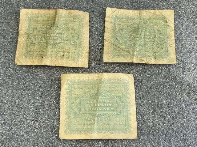 50) Set of 3 Original WW2 Allied Military Invasion Money Italian Bank Notes All Dated 1943. — image 2