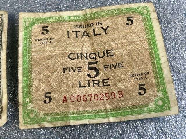 50) Set of 3 Original WW2 Allied Military Invasion Money Italian Bank Notes All Dated 1943. — image 4