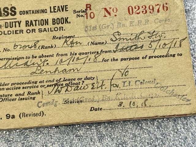 51) Original WW1 British Army Issue Pass Containing Leave or Duty Ration Book 1918. To a Rifleman in KRRC — image 8