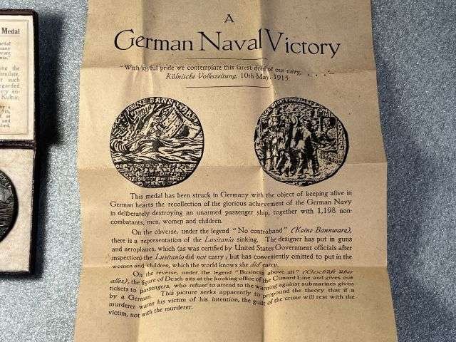 11) Good Original WW1 RMS Lusitania Propaganda Medal In Original Box with Original Certificate — image 3