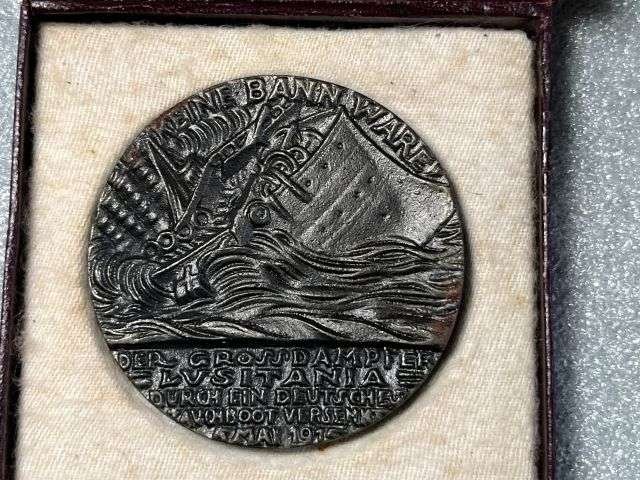 11) Good Original WW1 RMS Lusitania Propaganda Medal In Original Box with Original Certificate — image 4