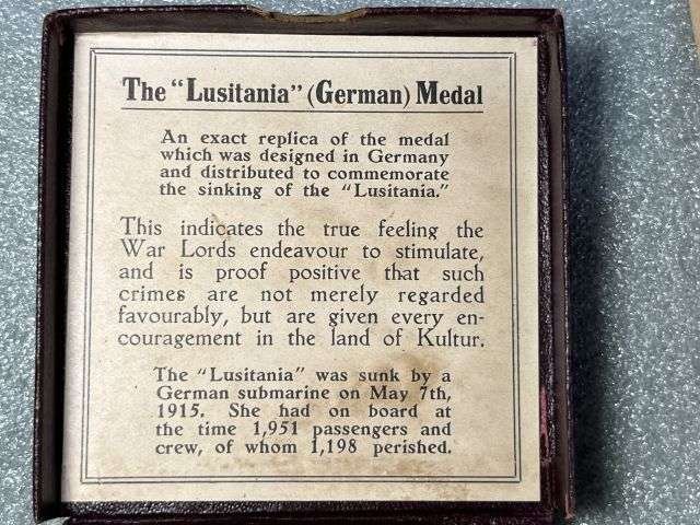 11) Good Original WW1 RMS Lusitania Propaganda Medal In Original Box with Original Certificate — image 6