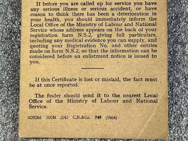 88) WW2 British Army National Service Acts Grade Card For Frank Addy, 272 Burgoyne Rd, Walkley, Sheffield 1944 — image 2