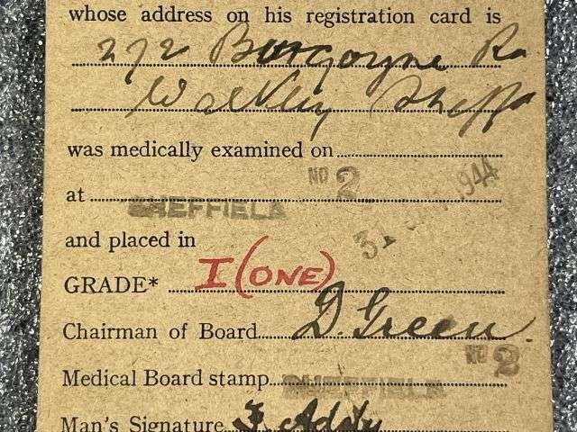 88) WW2 British Army National Service Acts Grade Card For Frank Addy, 272 Burgoyne Rd, Walkley, Sheffield 1944 — image 6