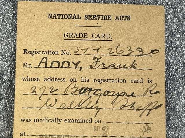 88) WW2 British Army National Service Acts Grade Card For Frank Addy, 272 Burgoyne Rd, Walkley, Sheffield 1944 — image 7