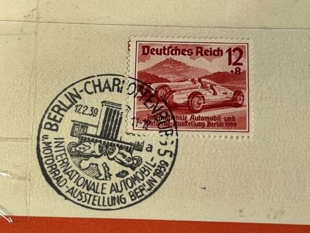 73) Interesting Original Third Reich International Automobile & Motorcycle Exhibition 1939 Stamp & Card — image 3