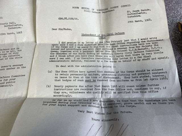 65) Interesting Original Post WW2 Civil Defence Corps Badges, Insignia, Certificate & Letters Of Disbandment North Riding of Yorkshire — image 9