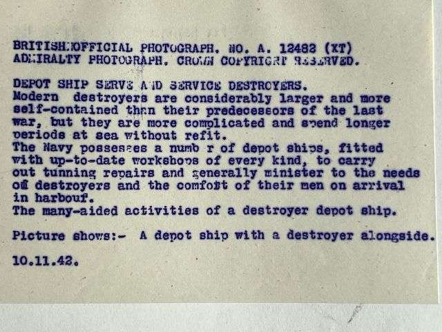 112) Interesting Original WW2 Official Photograph Of A Depot Ship Alongside A Destroyer 1942 — image 2