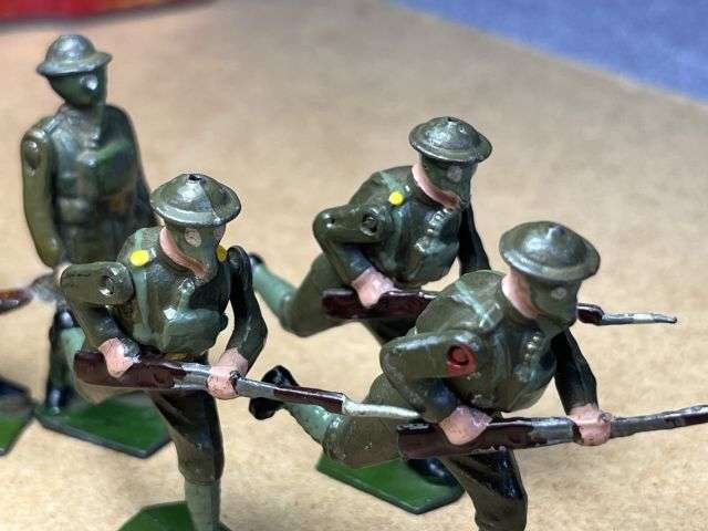 121) Set of 7 Vintage Original Britains Lead Soldiers In Gas Masks With Moving Arms — image 4
