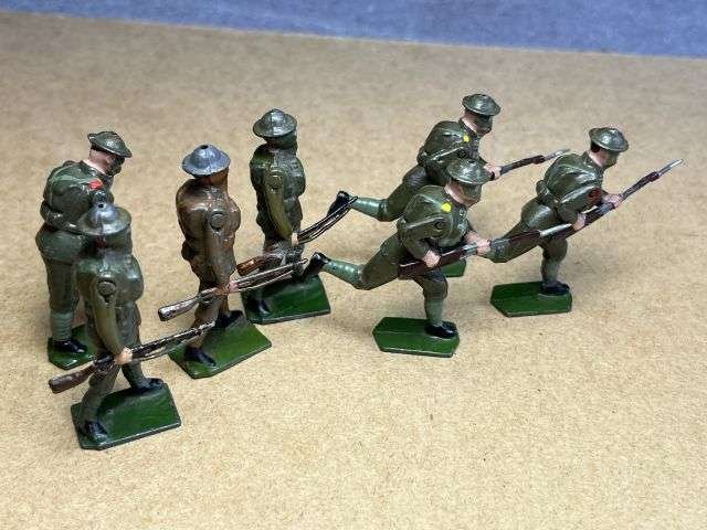 121) Set of 7 Vintage Original Britains Lead Soldiers In Gas Masks With Moving Arms — image 7