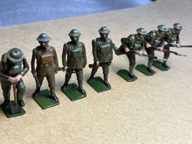 121) Set of 7 Vintage Original Britains Lead Soldiers In Gas Masks With Moving Arms — image 8