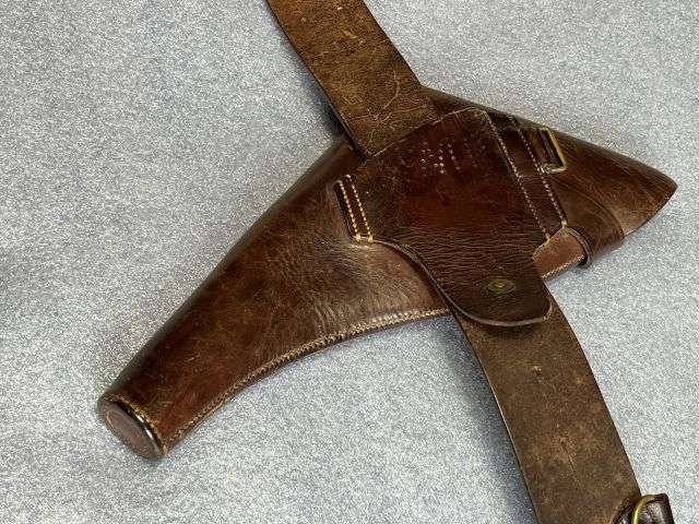 44) Excellent Original Complete WW1 British Officers Leather Sam Brown With Holster, Ammo Pouch & 1915 dated Whistle. — image 11