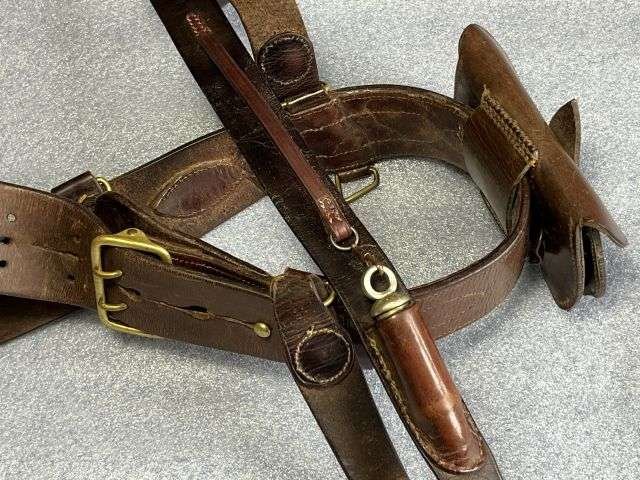 44) Excellent Original Complete WW1 British Officers Leather Sam Brown With Holster, Ammo Pouch & 1915 dated Whistle. — image 14