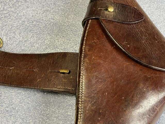 44) Excellent Original Complete WW1 British Officers Leather Sam Brown With Holster, Ammo Pouch & 1915 dated Whistle. — image 2