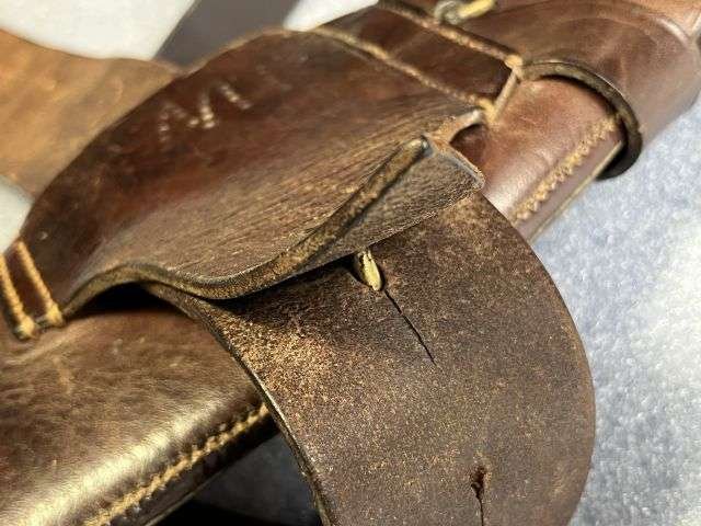 44) Excellent Original Complete WW1 British Officers Leather Sam Brown With Holster, Ammo Pouch & 1915 dated Whistle. — image 3