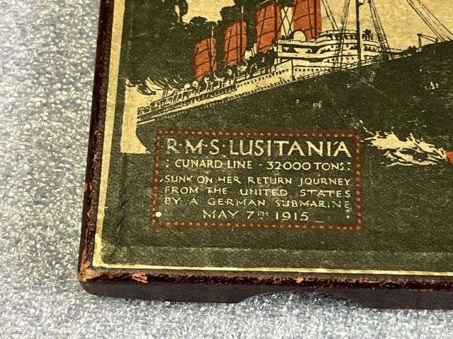 36) Very Nice Original WW1 RMS Lusitania Propaganda Medal In Original Box with Original Certificate — image 12