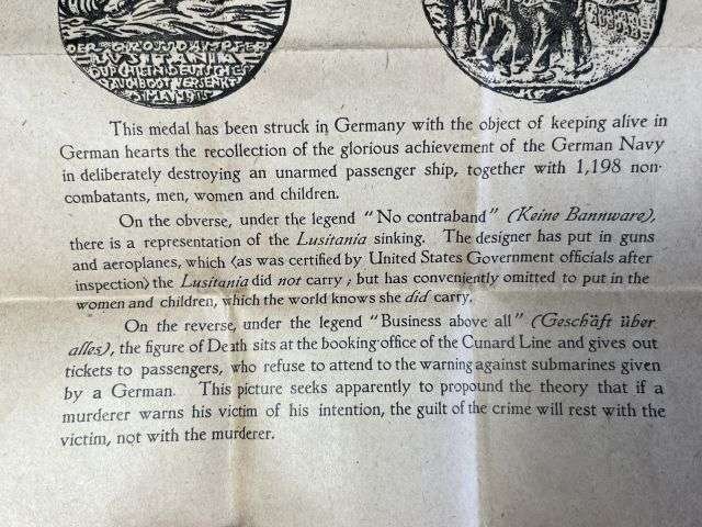 36) Very Nice Original WW1 RMS Lusitania Propaganda Medal In Original Box with Original Certificate — image 4