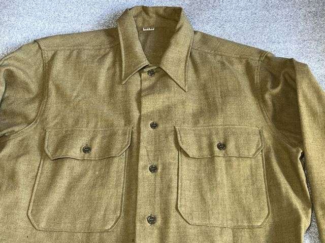 84) Excellent Original 1944 Dated US Army OD Flannel Shirt With Gas Flap — image 24