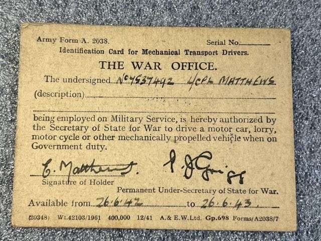 56) WW2 British Army Soldiers Service & Pay Book, Release Book & Paperwork Drivers ID Cards 7537492 Pte E.Matthews RAMC, CMP, RASC & RAPC — image 14